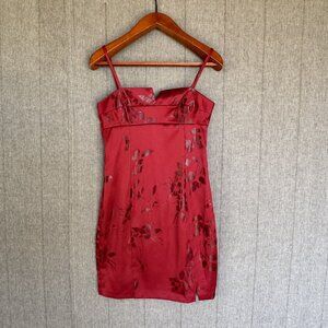 Vintage Rampage Deep Red Shiny Floral Knee Length Cocktail Short Dress Size 6